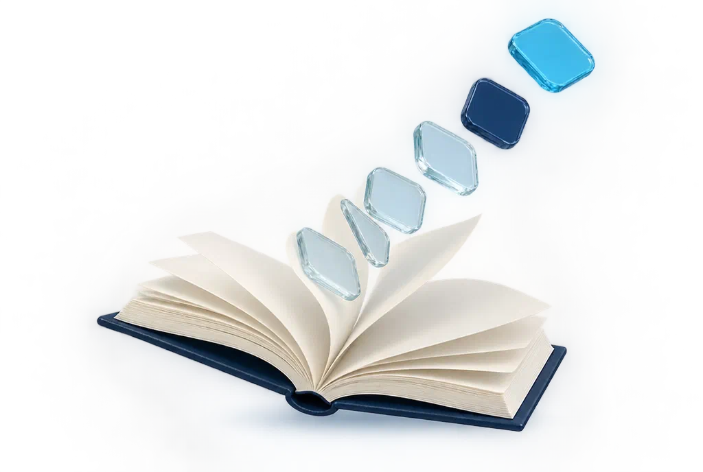 An open book whose pages lift into floating glass tiles