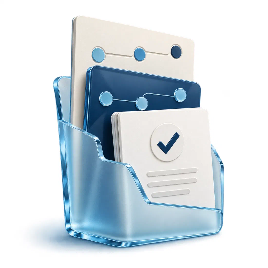 A glass folio holding a roadmap, a connected workflow and an approved playbook