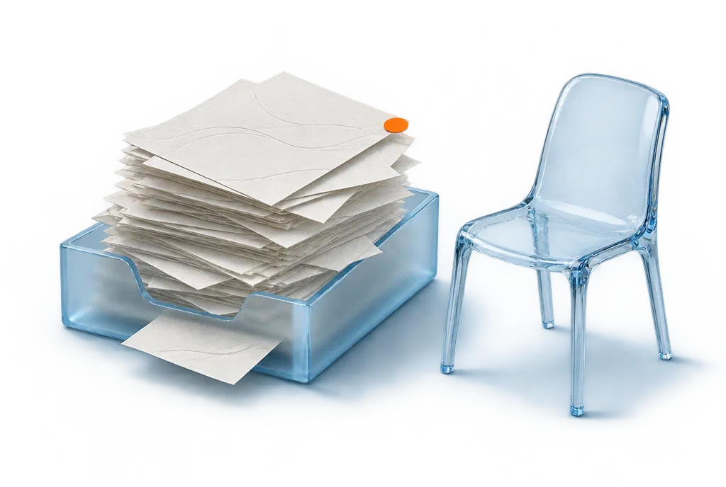 An overflowing glass in-tray of papers beside an empty glass chair