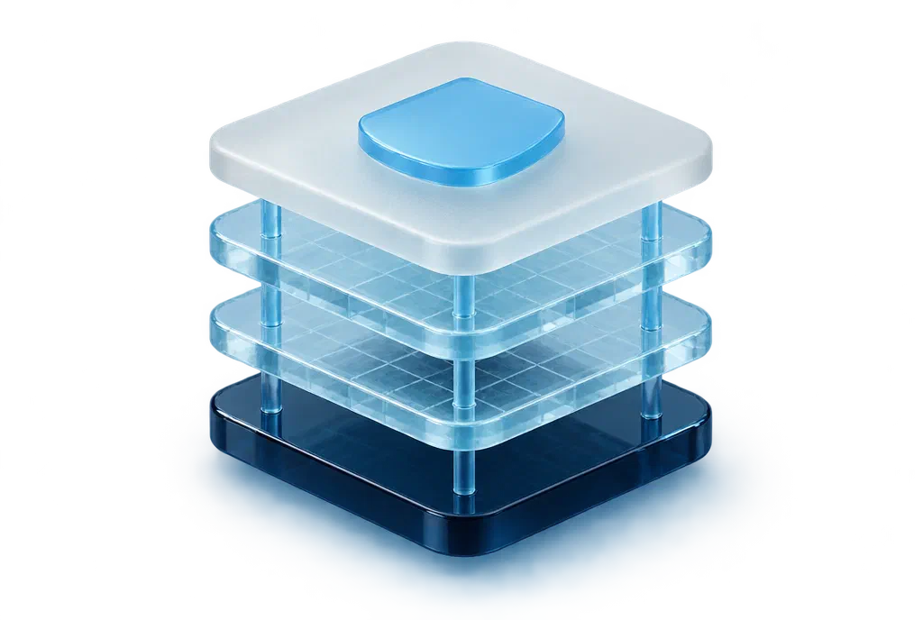 A layered stack of glass platform slabs topped with a shield