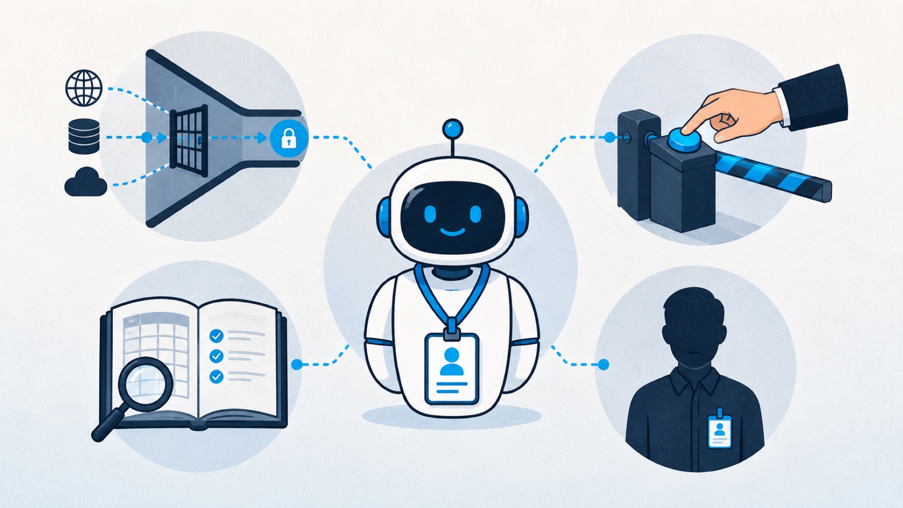 The four AI agent governance controls applied to an AI agent: scoped permissions, human approval required for irreversible actions, an activity log under the agent’s own identity, and a single named human owner