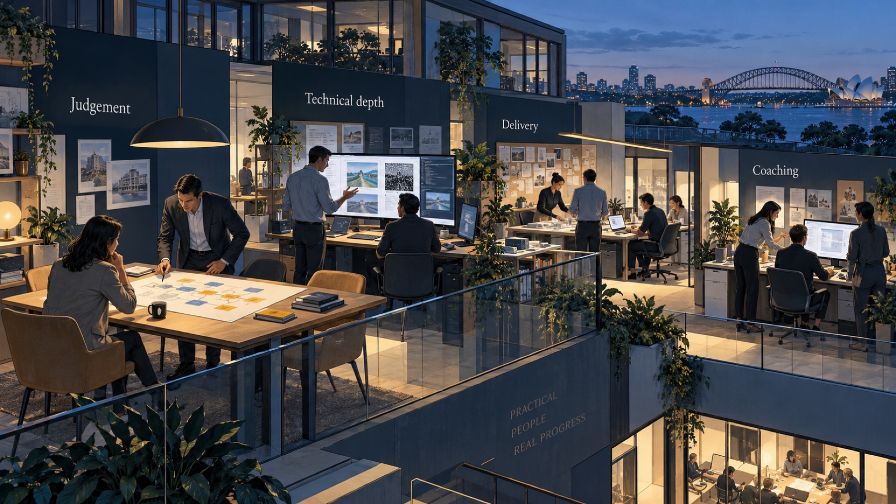 Teams demonstrate business judgement, technical depth, delivery and coaching in connected workspaces.