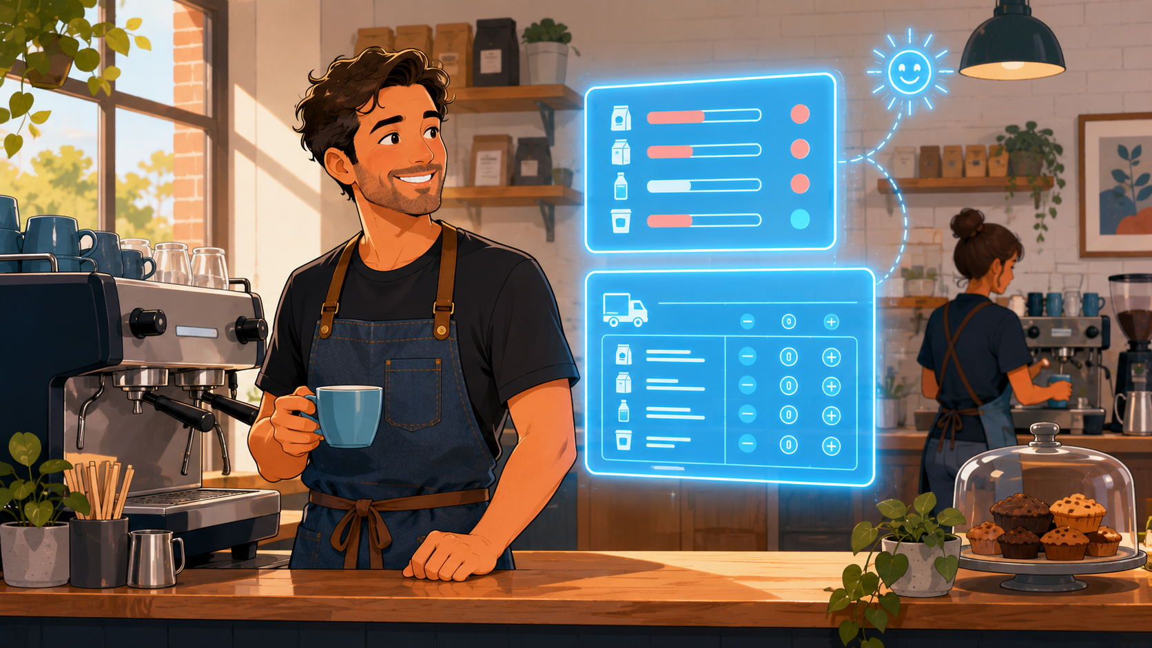 Tom behind the espresso machine with soft glowing cyan holographic stock and supplier-order panels