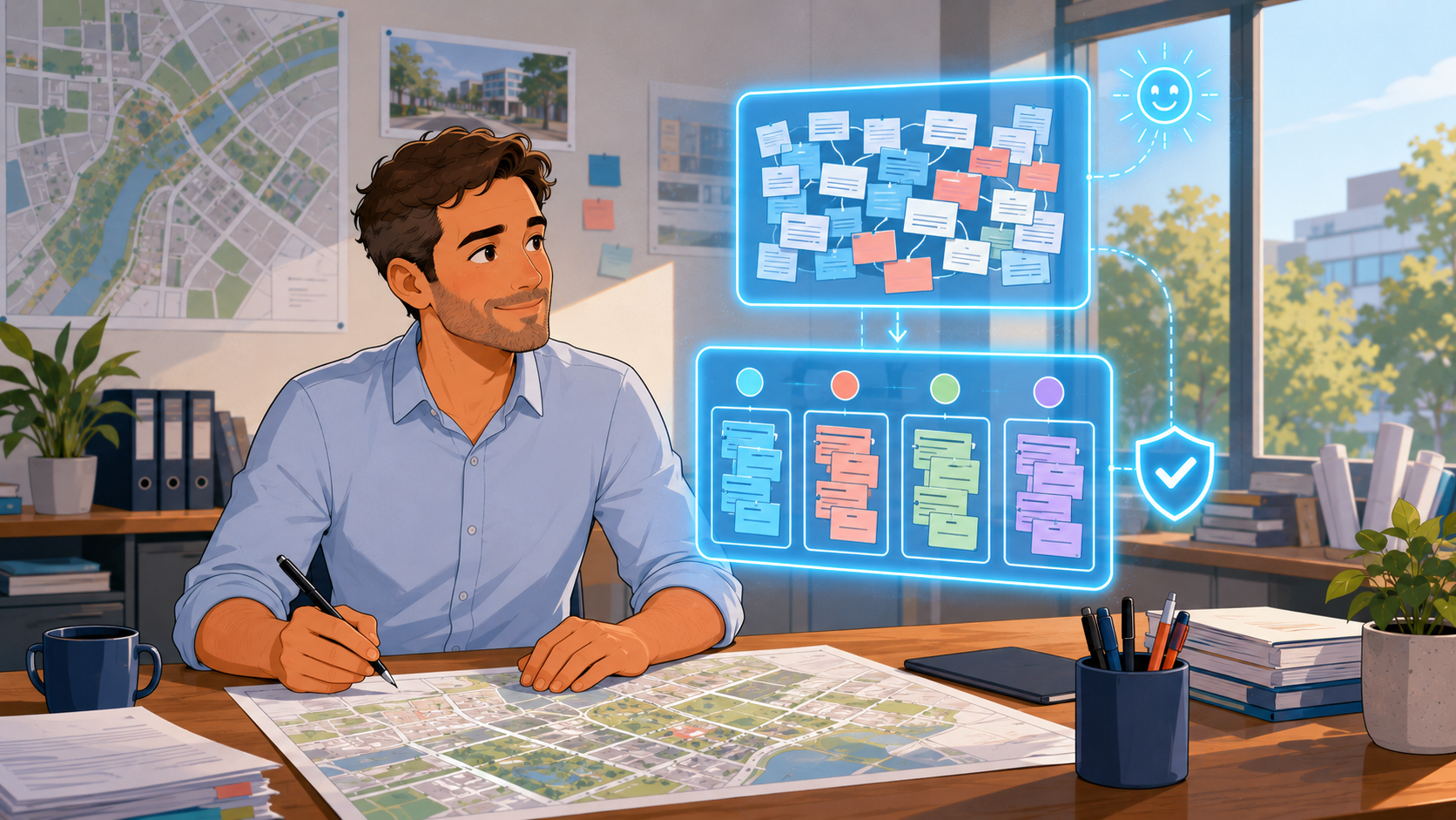 Daniel at his desk with a soft glowing cyan holographic panel clustering community submissions into themes