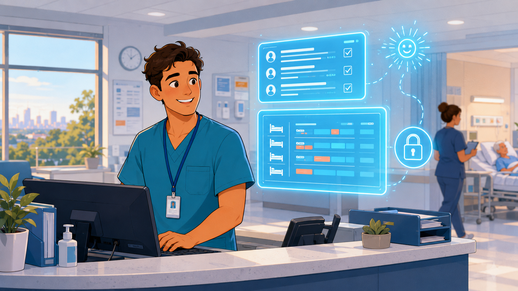 Marcus at the ward desk with a soft glowing cyan holographic handover sheet and bed-flow board