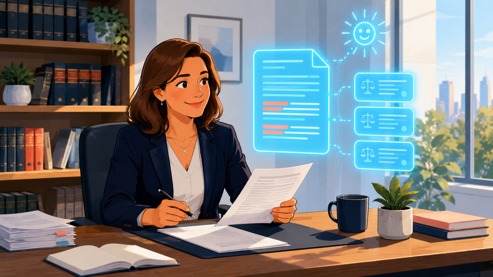 Eleanor reviewing a contract with a soft glowing cyan holographic panel of marked-up clauses and linked citations