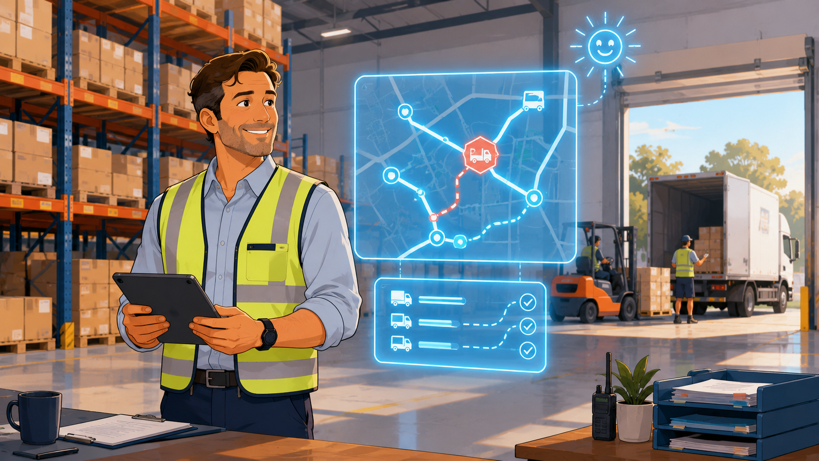 Sam on the distribution-centre floor with a soft glowing cyan holographic route map re-planning around a stopped truck