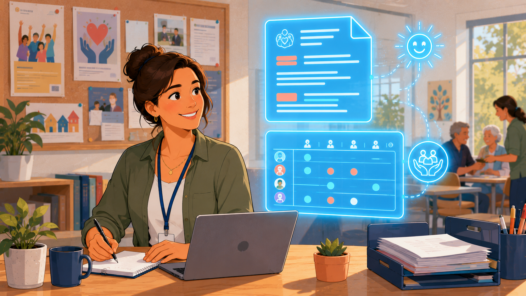 Aroha at a community-centre desk with a soft glowing cyan holographic grant draft and volunteer roster