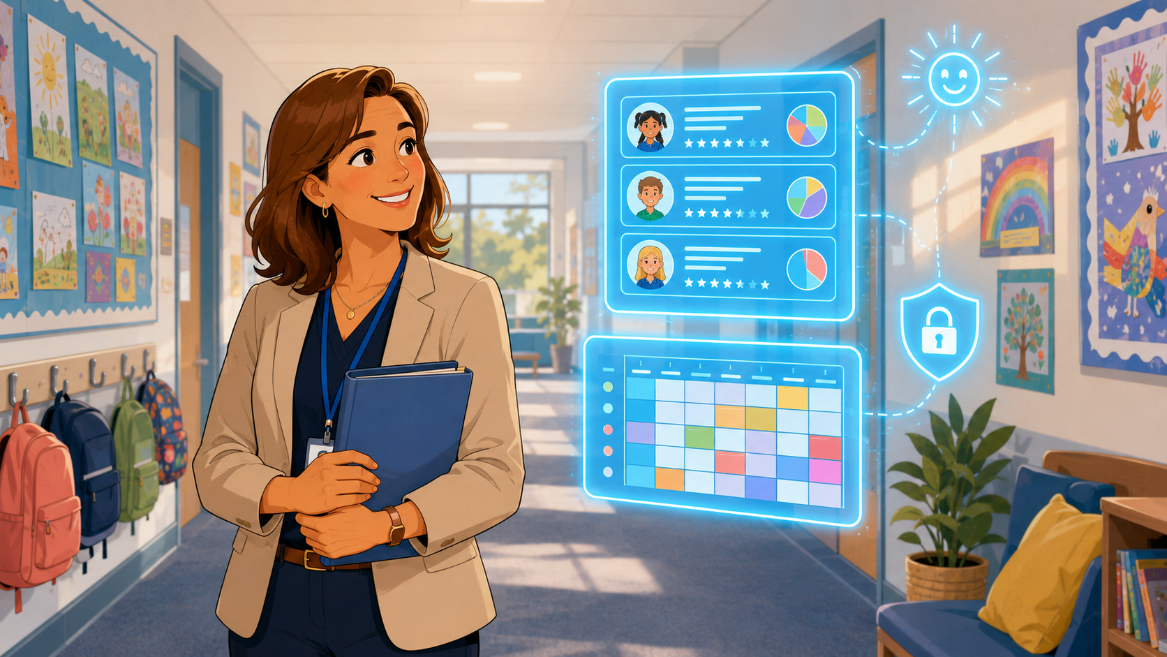 Hana in a school corridor with a soft glowing cyan holographic panel of report drafts and a timetable