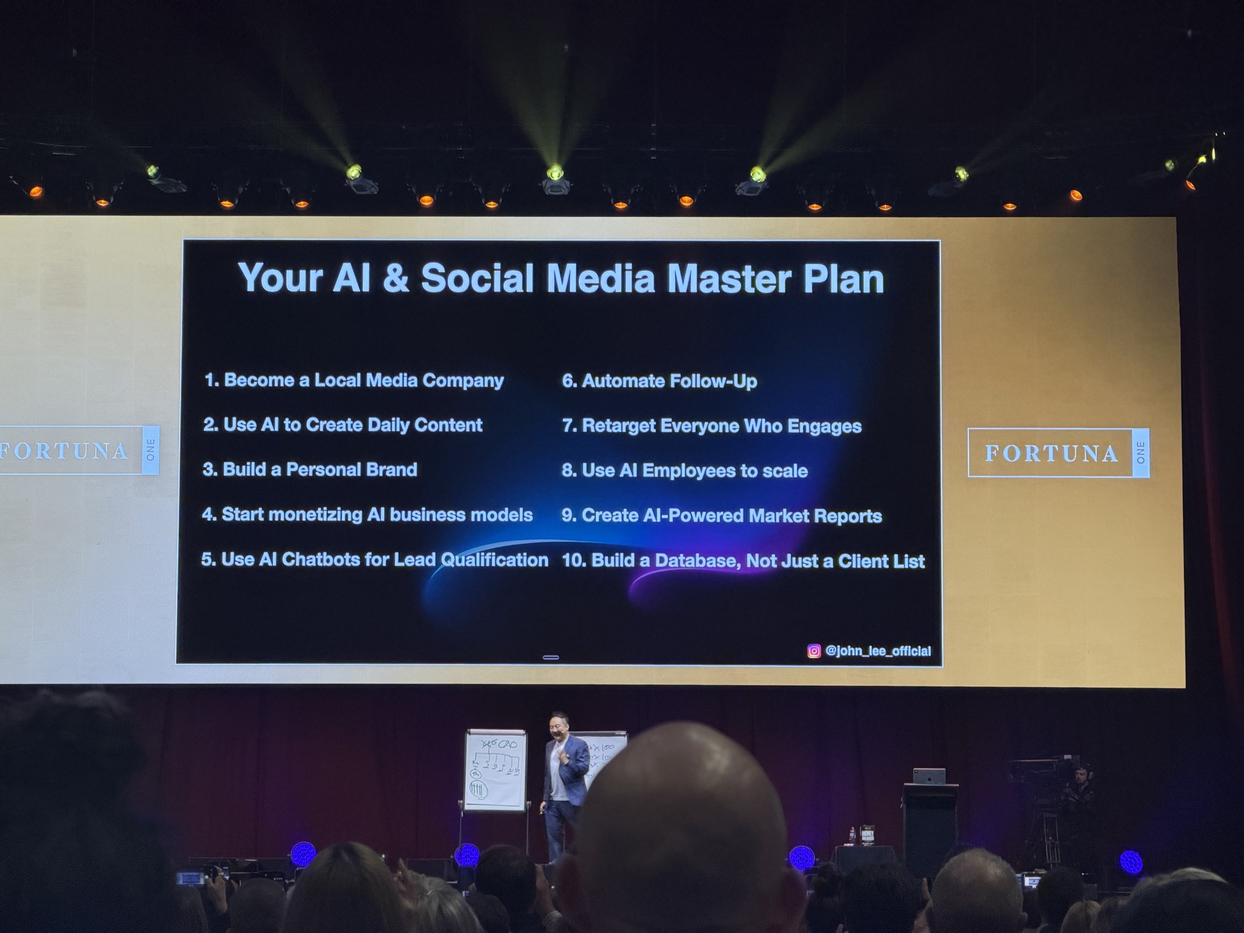 John Lee presenting an AI and social media master plan on the Fortuna One stage