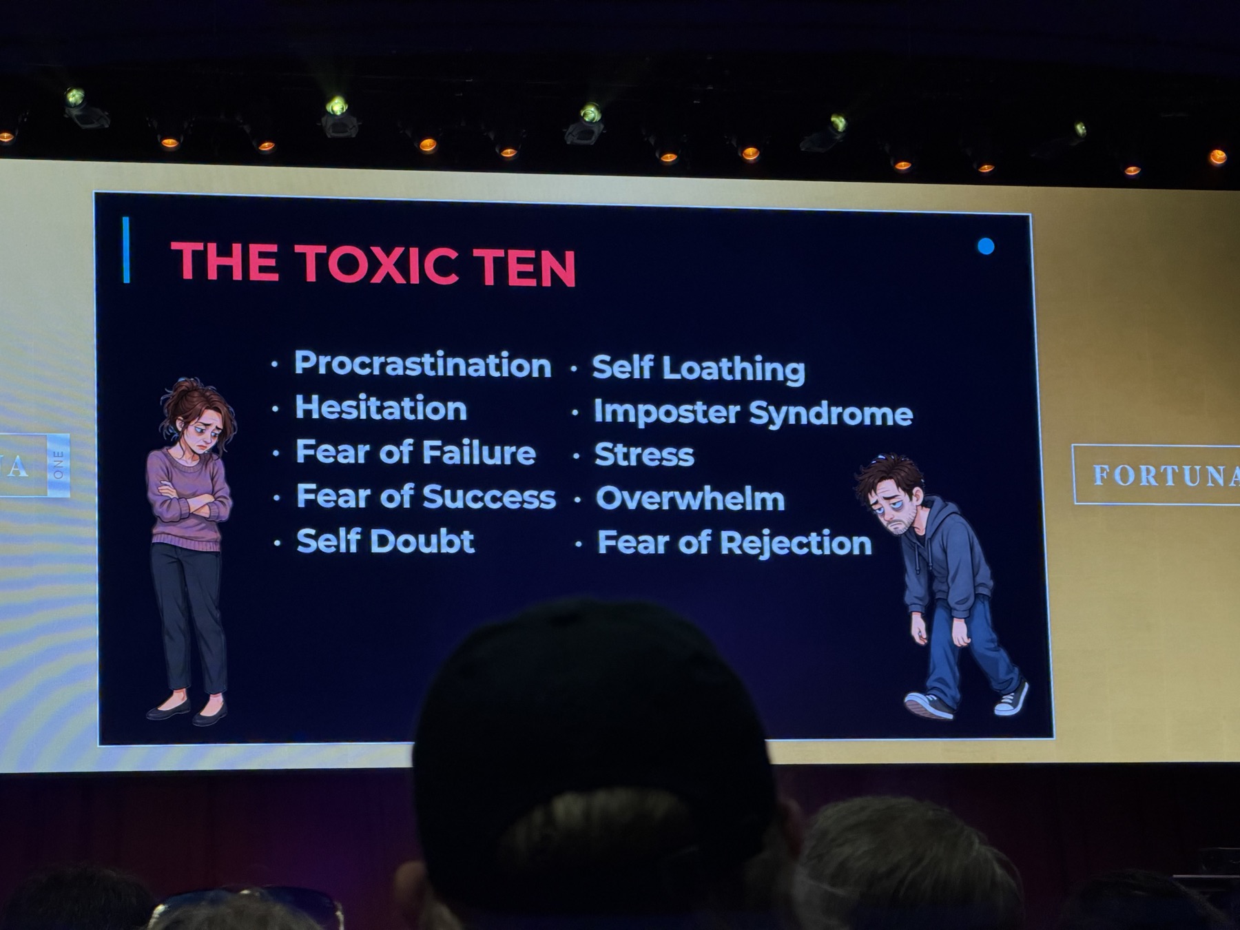 Paul Siderovski's Toxic Ten slide at Fortuna One listing procrastination, hesitation, fear of failure, fear of success, self-doubt, self-loathing, imposter syndrome, stress, overwhelm and fear of rejection