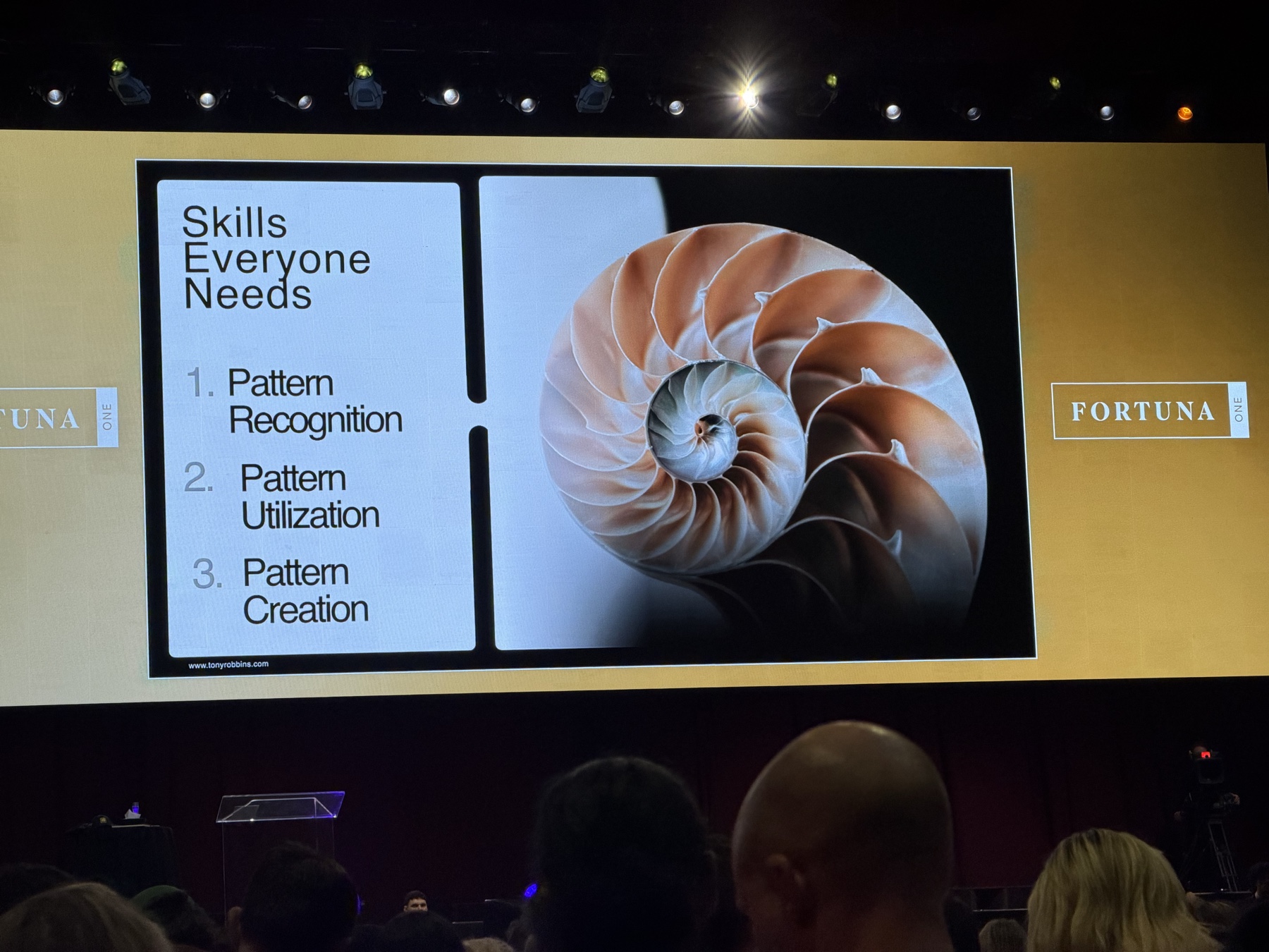 Tony Robbins' Fortuna One slide listing pattern recognition, pattern utilization and pattern creation as skills everyone needs