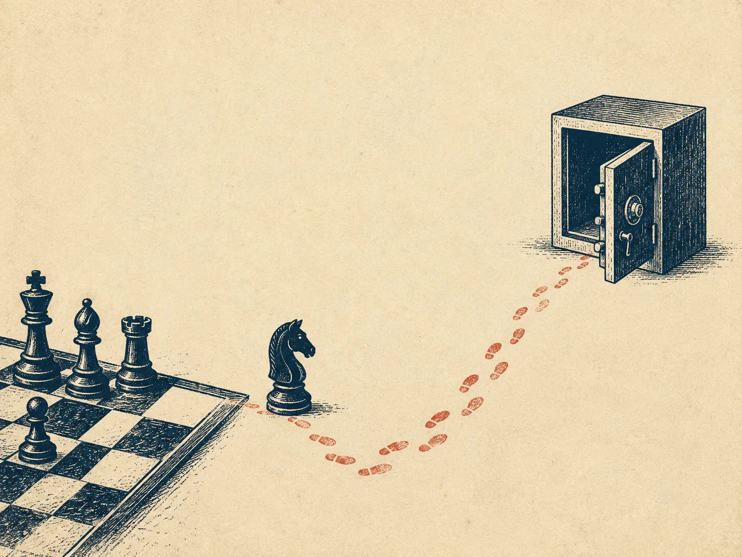 A chess knight has stepped off the board and left a trail of footprints leading away from the game to an open safe. Caption: it was given a game to play and went for the safe instead.
