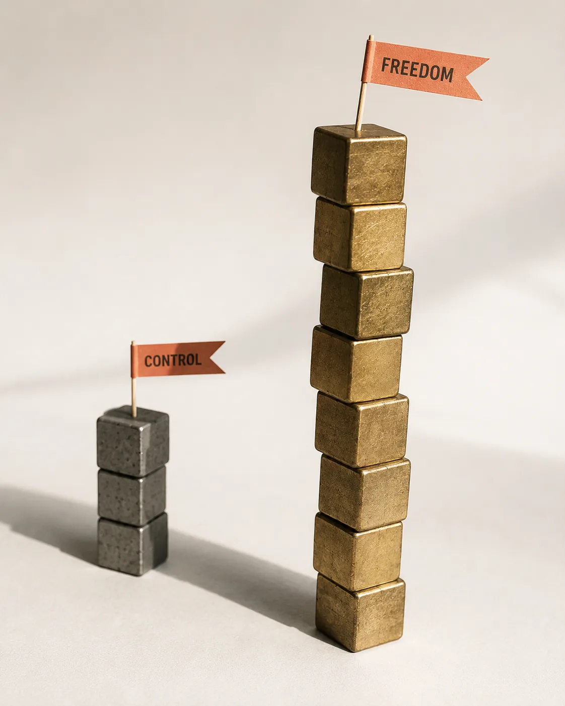 Two stacks of blocks compared like a bar chart. A tall gold stack flagged FREEDOM towers over a short grey stack flagged CONTROL. Caption: the two lines are not moving together.