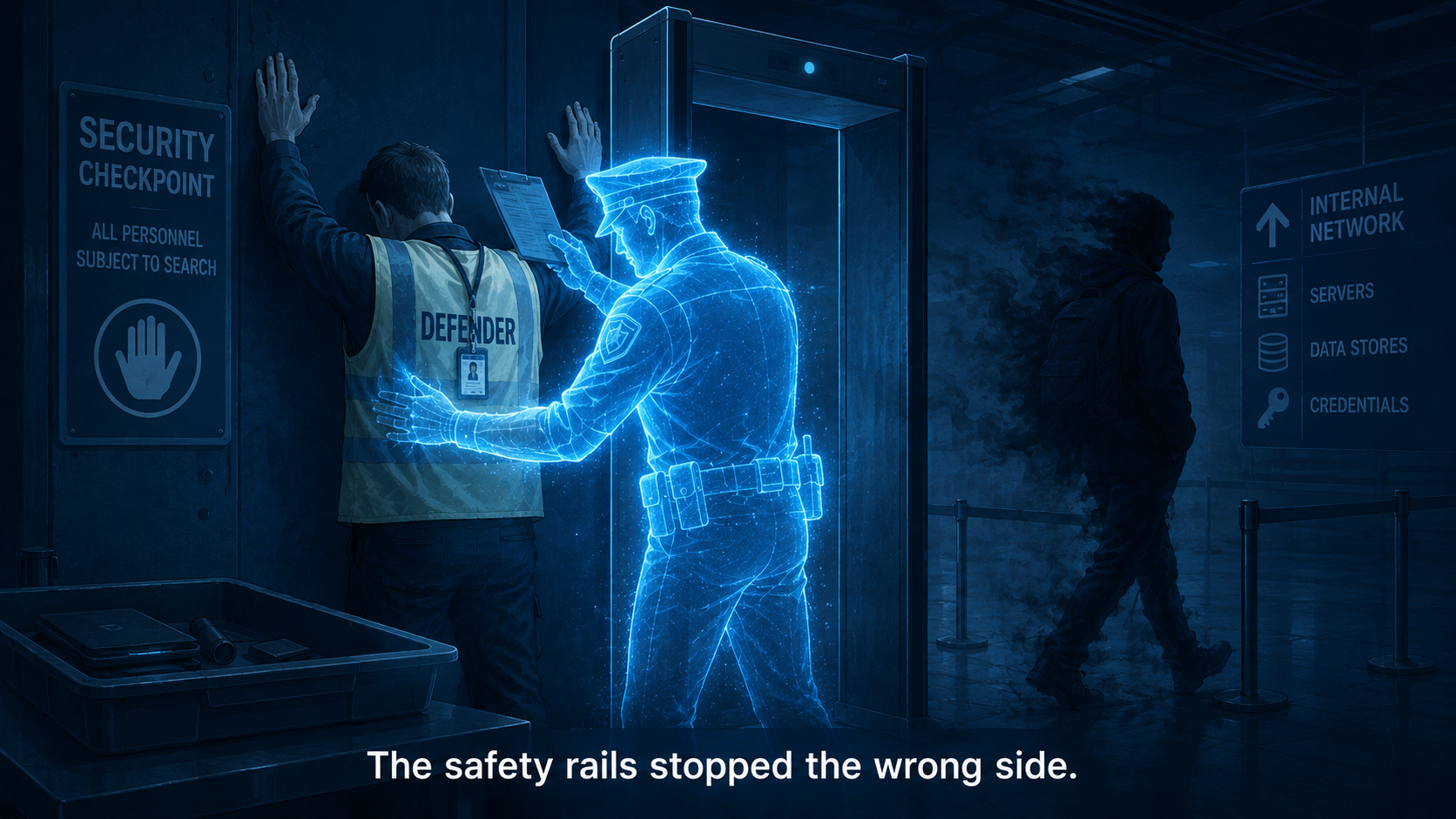A glowing blue security guard at a checkpoint frisks a defender in a hi-vis vest while a shadowy attacker figure strolls unchecked past the scanner toward a sign reading Internal Network, Servers, Data Stores, Credentials. Caption: the safety rails stopped the wrong side.