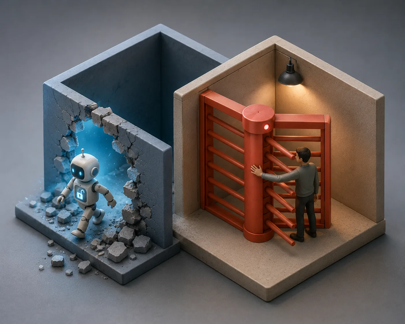 Two miniature rooms side by side. On the left a robot walks out freely through a crumbled wall. On the right a person is stuck behind a closed red turnstile. Caption: free where it was dangerous, blocked where it mattered.