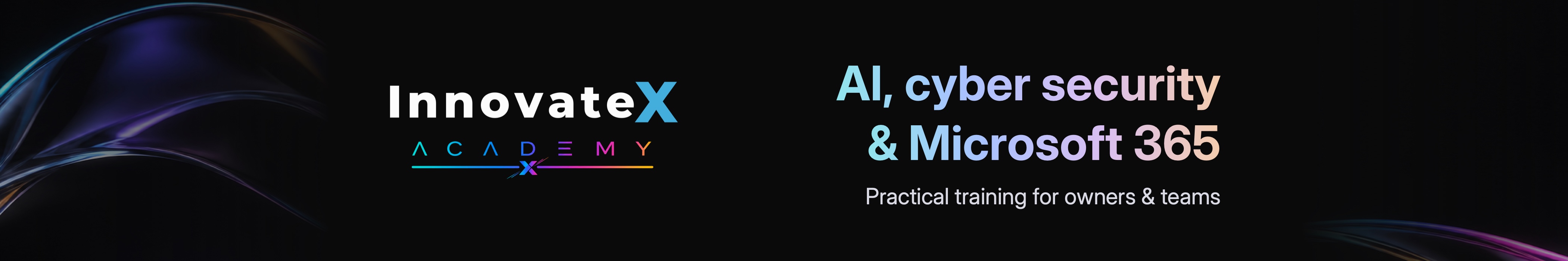 Academy company page banner prepared during the review: AI, cyber security and Microsoft 365. Practical training for owners and teams.