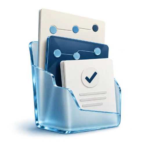 A glass delivery folio holding a roadmap, connected workflow and operating playbook