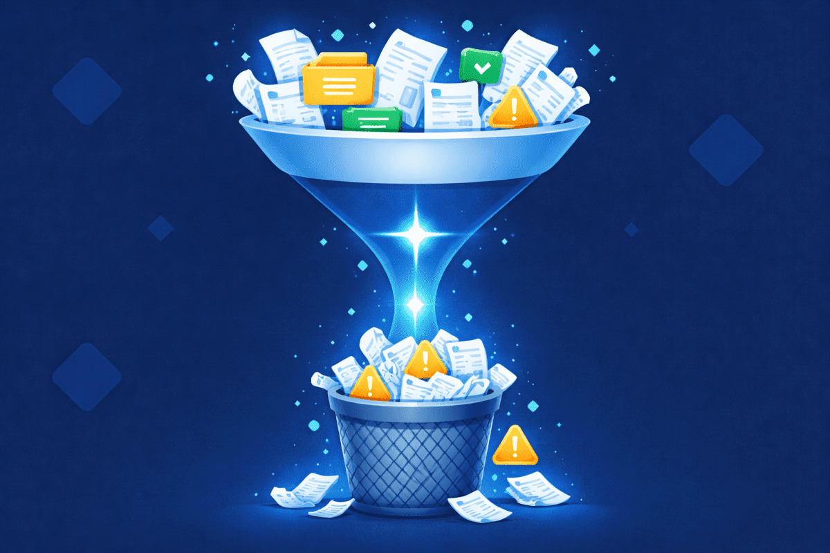 Illustration of messy unorganised documents being poured into a funnel with an AI sparkle in the middle, overflowing into a rubbish bin below — representing garbage in garbage out when deploying Copilot without data preparation