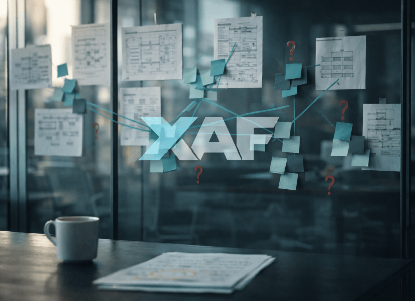 blog2-hero-image Glass-walled meeting room with architecture diagrams connected by teal marker lines, showing the challenge of linking siloed architecture domains.