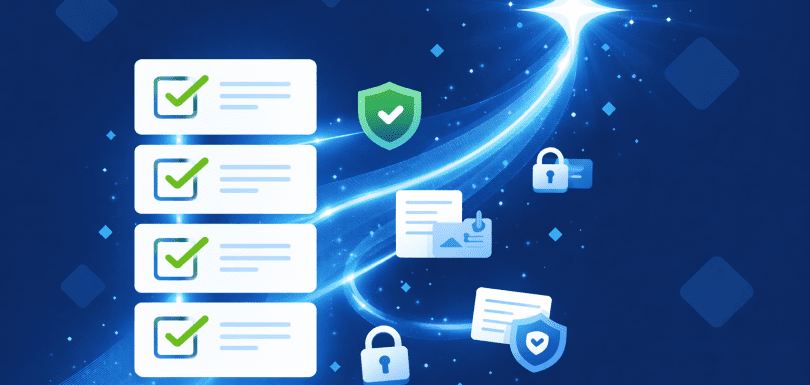 Illustration showing a checklist leading to a glowing Copilot sparkle icon, representing Microsoft 365 Copilot readiness steps for Brisbane businesses