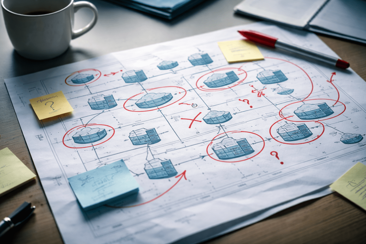 A printed architecture diagram on a desk covered in red pen corrections, question marks, and conflicting sticky note annotations — the visual evidence of architectural rework.