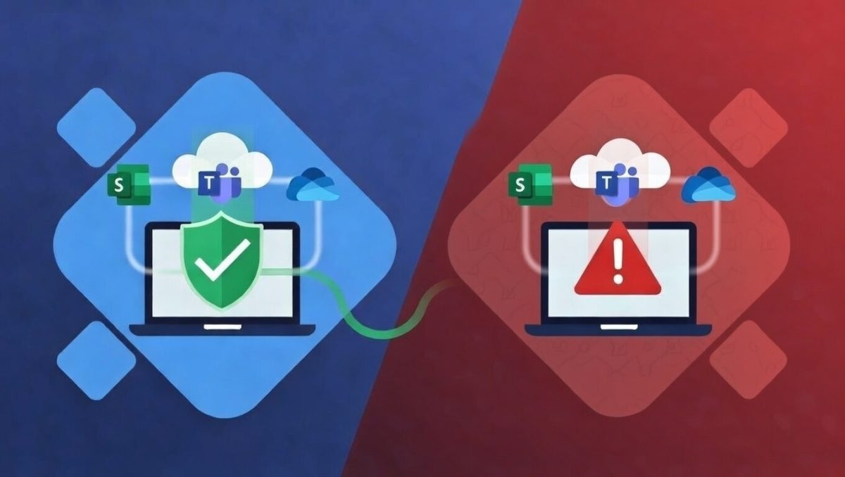 Compliant managed device accessing Microsoft 365 data versus unmanaged personal device being blocked by security policy