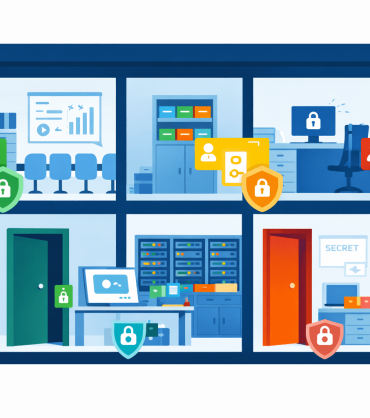 Illustration showing a digital office building with coloured access cards controlling who enters different rooms, representing Microsoft 365 permissions and access controls for Brisbane businesses