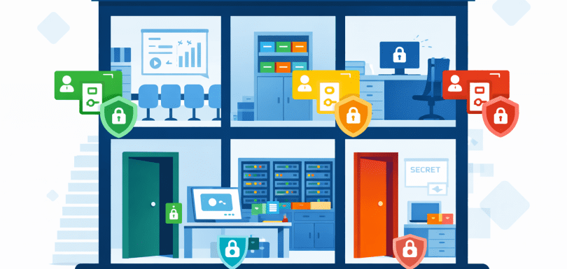 Illustration showing a digital office building with coloured access cards controlling who enters different rooms, representing Microsoft 365 permissions and access controls for Brisbane businesses