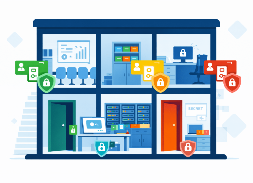 m365-permissions-banner Illustration showing a digital office building with coloured access cards controlling who enters different rooms, representing Microsoft 365 permissions and access controls for Brisbane businesses