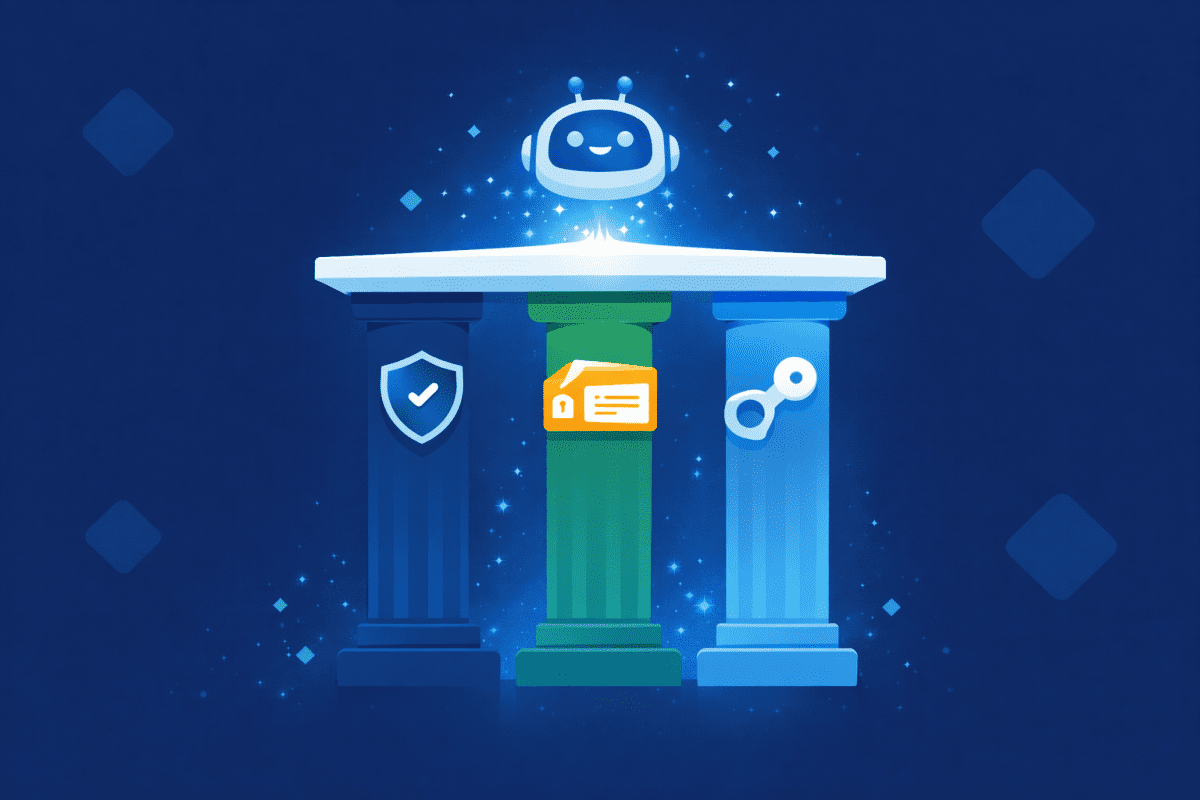 Three-pillar infographic showing tenant security, data classification, and permissions as the foundation for safe Microsoft 365 Copilot deployment
