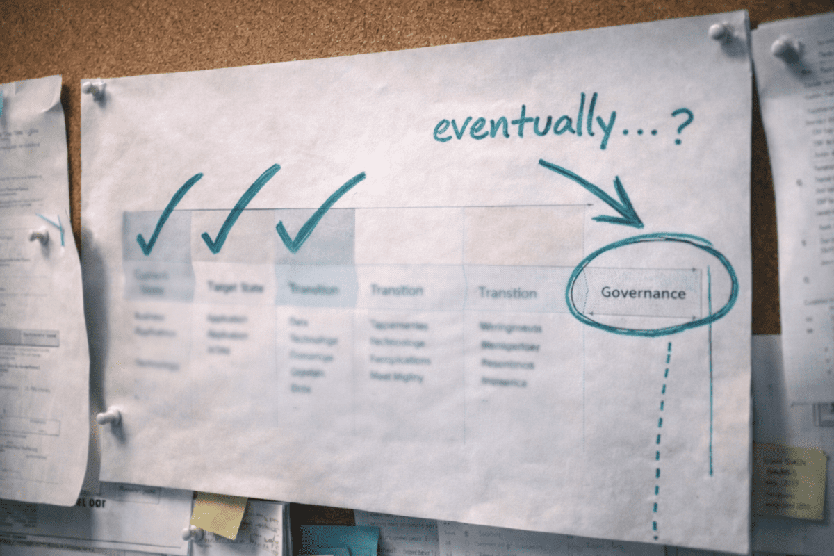 A printed project timeline pinned to a cork wall with hand-drawn teal marker annotations — earlier phases ticked off, governance circled at the far end with "eventually..." scrawled beside it.