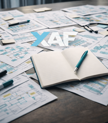 Workspace table covered in architecture diagrams with a clean notebook in the centre representing governance as the starting point for enterprise architecture.