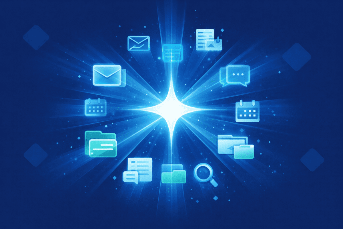 Illustration of an AI sparkle icon scanning across emails, files, chat bubbles, and calendar icons simultaneously with x-ray style highlight beams, representing how Microsoft 365 Copilot accesses all user-visible data at speed